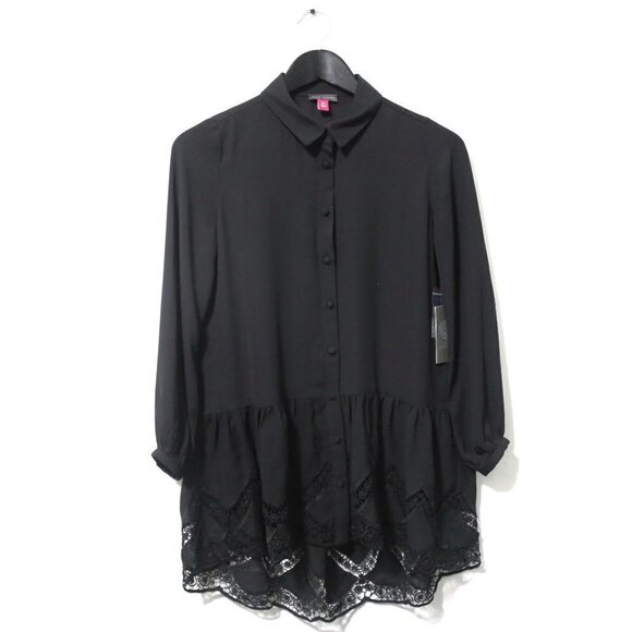 VINCE CAMUTO Holiday Peplum Button Down Stencil Blouse in Rich Black - Picture 3 of 9